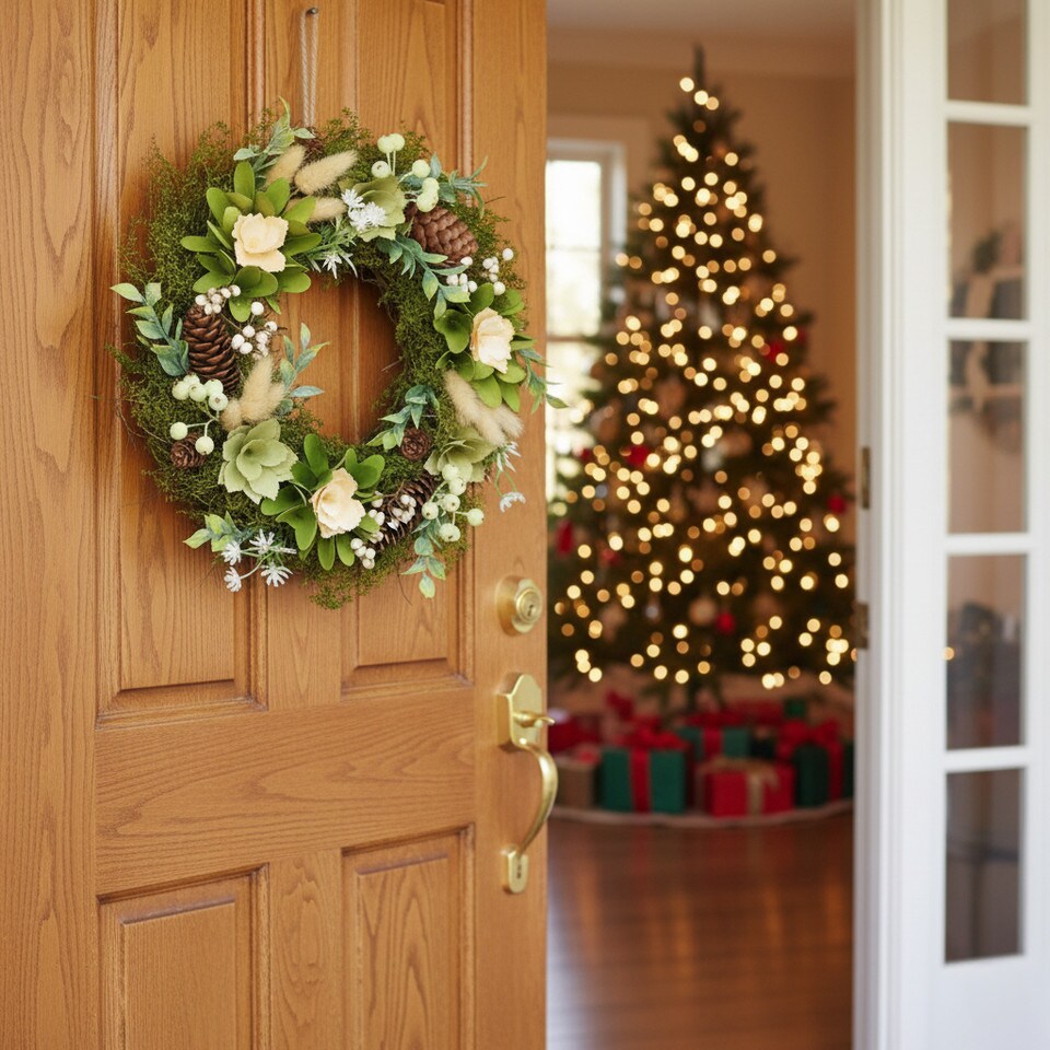 image 1 of Hanging Door Wreath Round Spring Easter Christmas Wall Decor Traditional Festive | Multi | Green, Cream & Pink | 34cm | 1