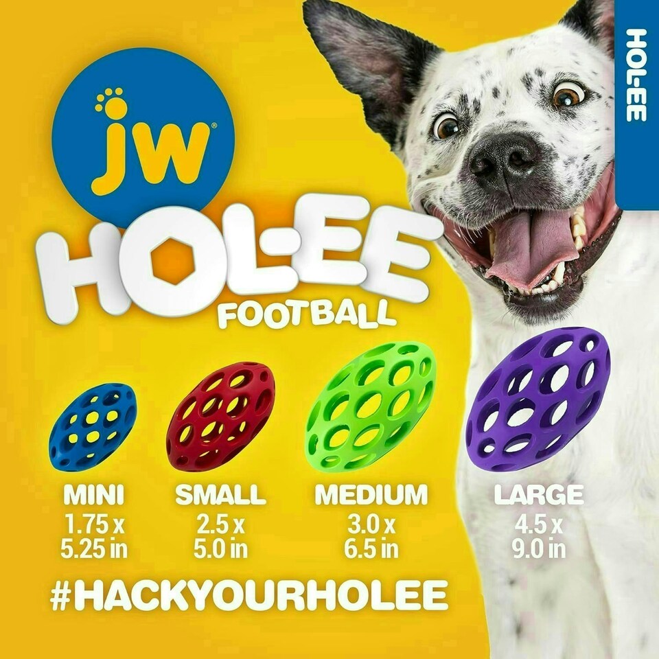 image 1 of JW Hol-ee Roller Dog Toy Treat Ball American Football Shaped Durable Rubber Dog Ball - Chew Treat Dispensing Ball - Medium