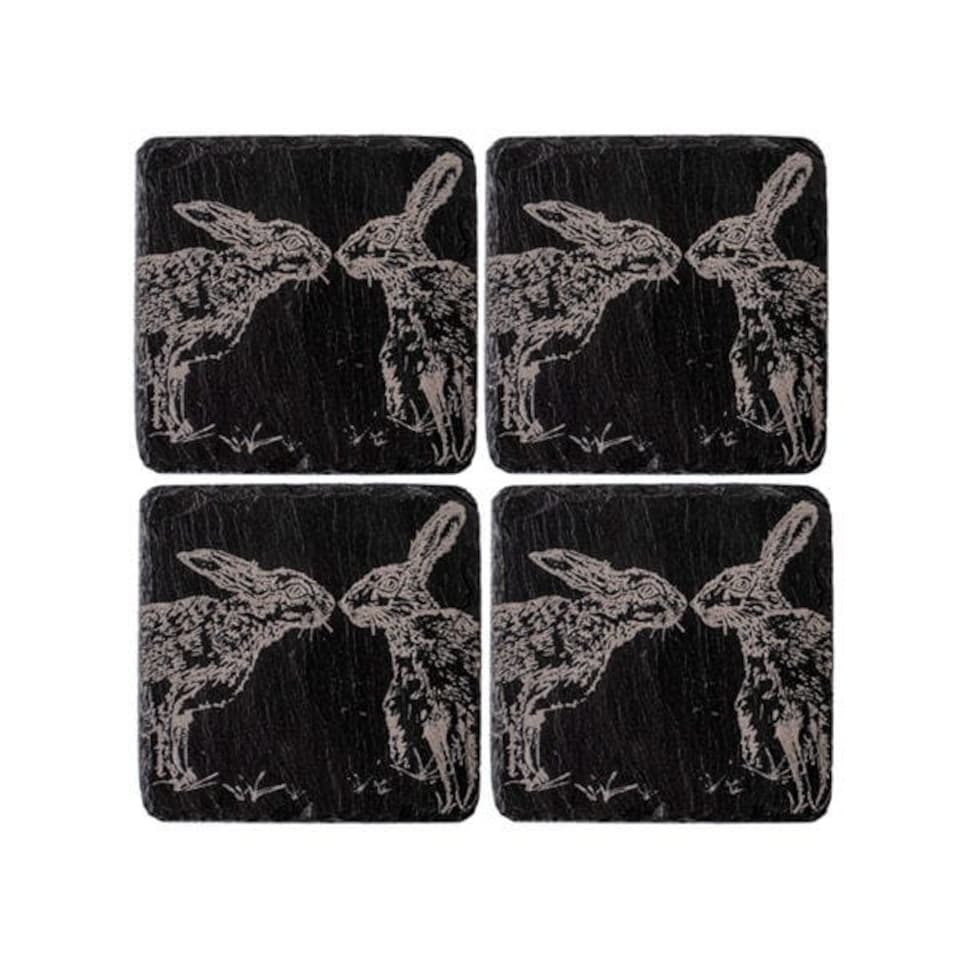 image 1 of The Just Slate Company Set of 4 Kissing Hares Slate Coasters