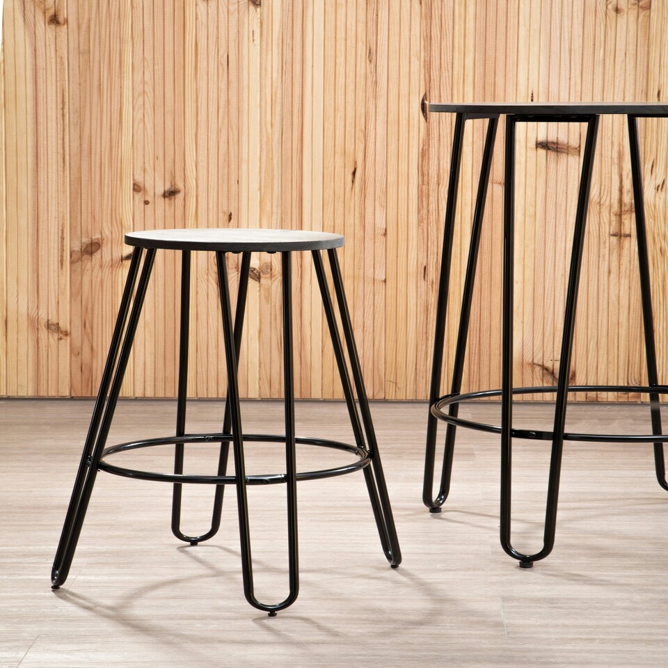 image 1 of Interiors by Premier Set of 3 Black Frame Bar Table Stool Set , Hairpin Stool for Kitchen Counter, Elm Wood Metal Frame Stool