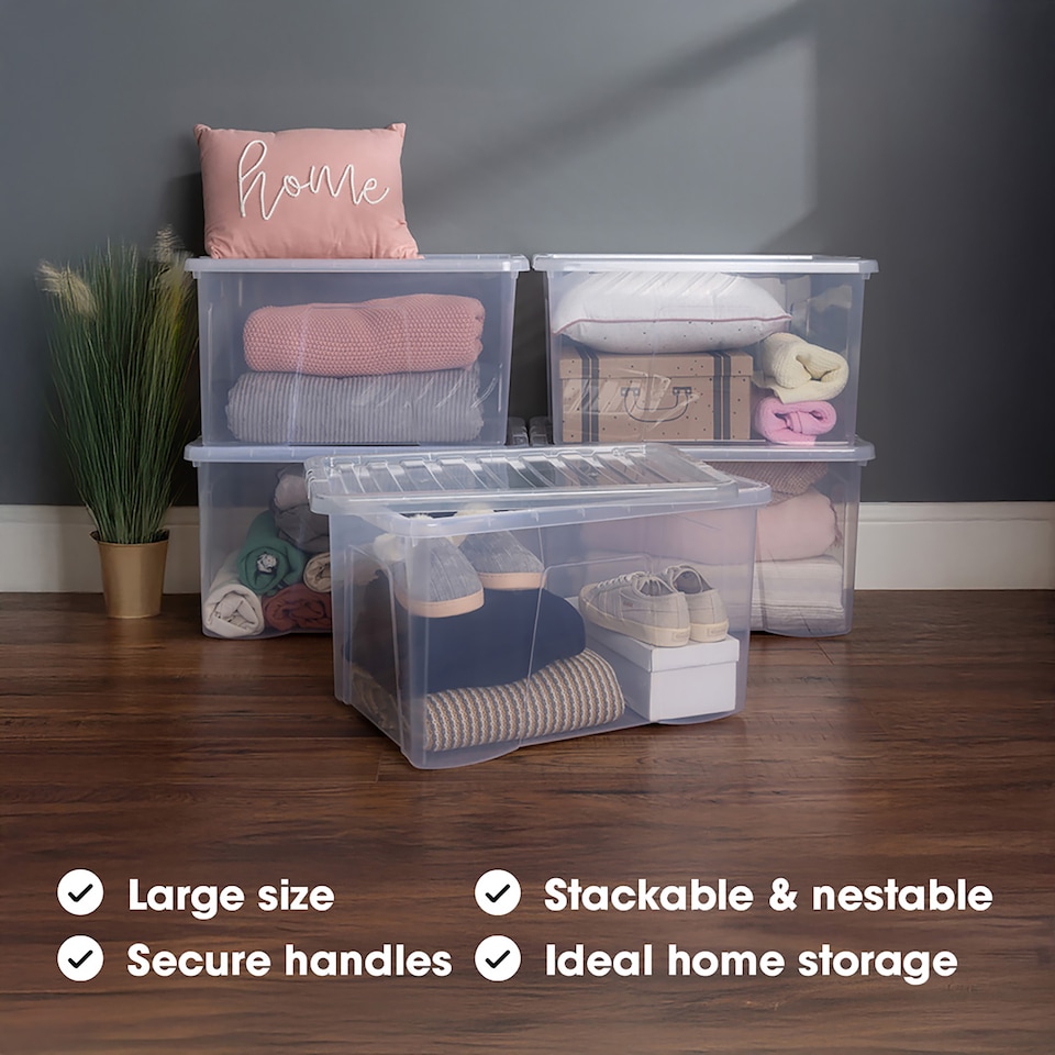 image 1 of Wham Crystal 5 x 60L Stackable Plastic Storage Boxes with Lids Clear | Clear