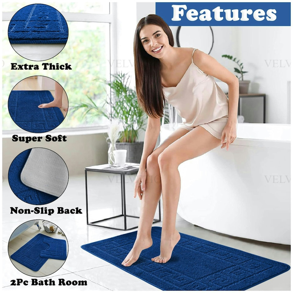 image 1 of VELVETIO Greek Bath Mat & Pedestal Mat Water Absorbent Non Slip Toilet Rugs Blue | Royal Blue