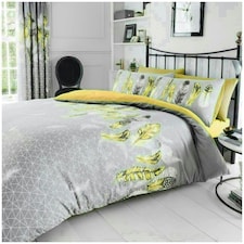 VELVETIO Feathers Geometric Printed Duvet Cover Set Reversible Polycotton Beddings Yellow | Double