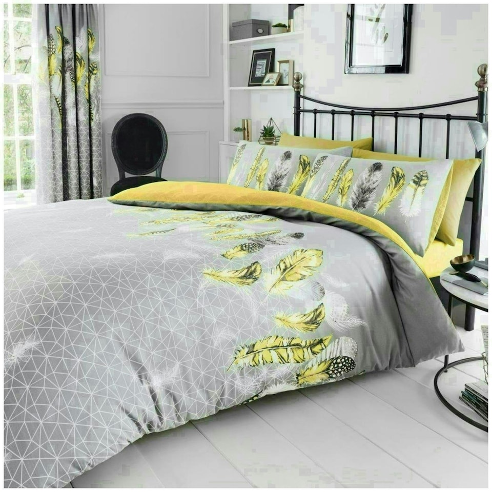 image 1 of VELVETIO Feathers Geometric Printed Duvet Cover Set Reversible Polycotton Beddings Yellow | Double