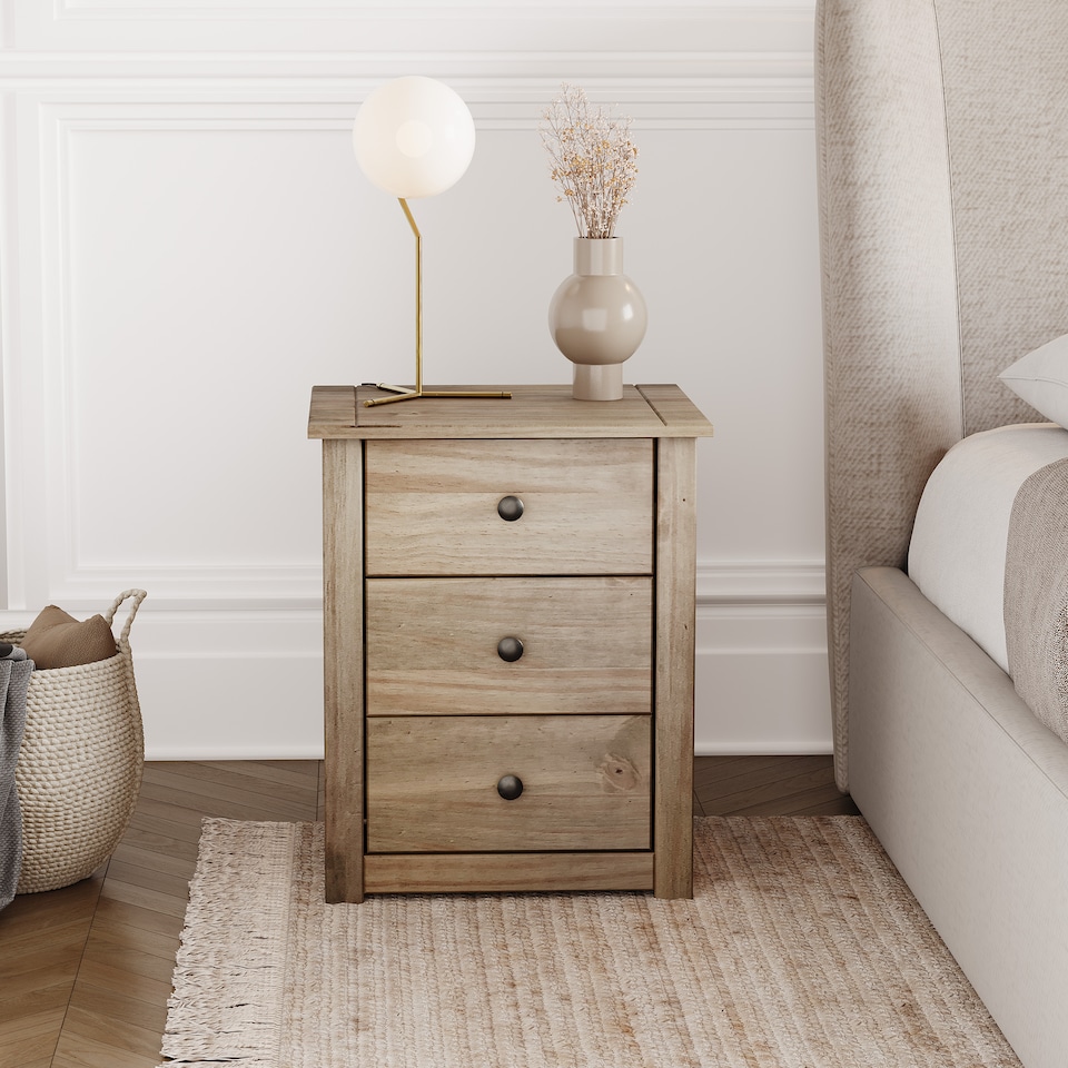 image 1 of Vida Designs Panama 3 Drawer Bedside Chest Cabinet Table Nightstand, Solid Pine Wood