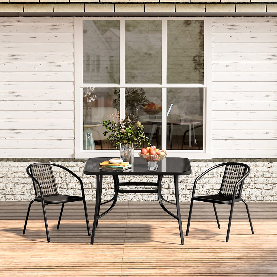 image 1 of Living and Home Outdoor Garden Bistro Set Tempered Glass Square Coffee Table with 2 Rattan Chairs