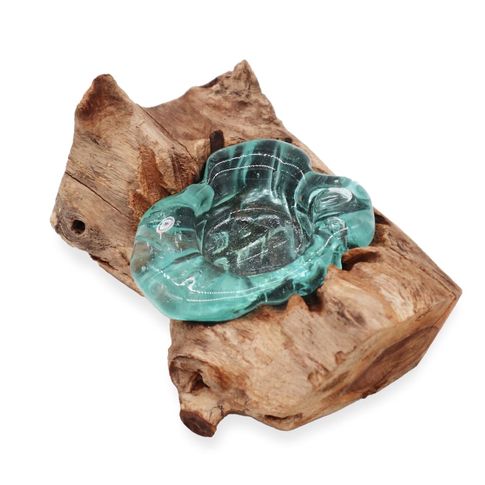 image 1 of Serenityy Molten Glass Single Candle Holder on Wood - Teal Glass, Natural Wood Base