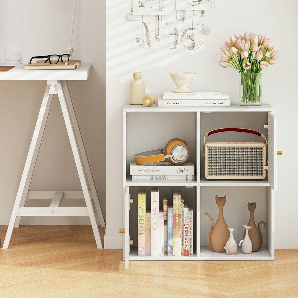 image 1 of COSTWAY 4-Cube Storage Organizer w/2 Cabinets White White