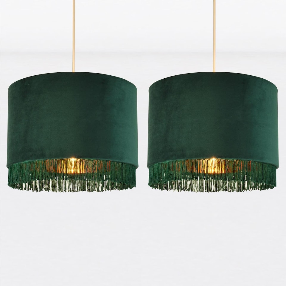 image 1 of Set of 2 Spruce Green Velvet With Gold Inner Tassled Light Shades | Green | Gold | Large | 2