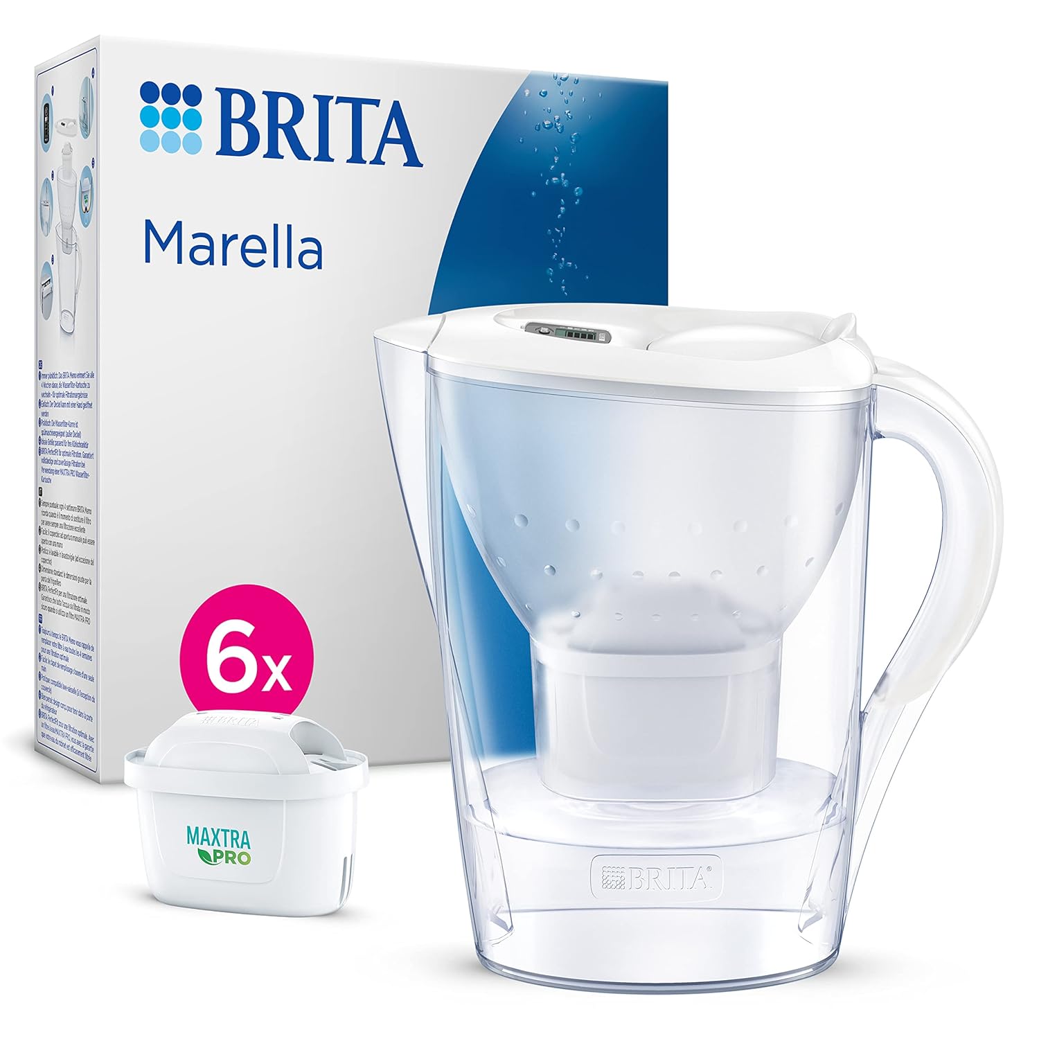 BRITA Marella Water Filter Jug White (2.4L) Half Year Pack incl. 6x MAXTRA PRO Pure Performance Cartridge