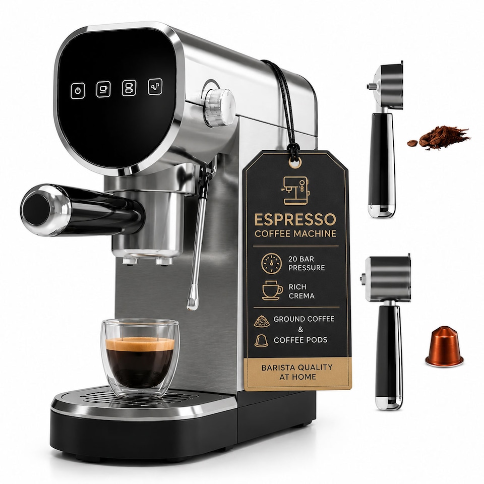 image 1 of DMD 3-in-1 Espresso Coffee Machine, 20-Bar, Milk Frother, Ground & Capsule Use, 1L Water Tank
