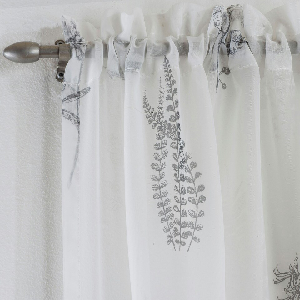 image 1 of Pair of Bracken Grey Leaf Print Voile Panels 122 cm (48 inch) Rod Pocket Panels for Bedroom and Living Room