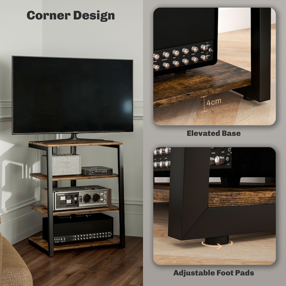 image 1 of HOMCOM HiFi Stand, 4-Tier Media Storage Shelf with Adjustable Shelves, Power Strip Rack for Router, Record Player, Printer, Industrial TV Stand for up to 28 Inch TVs, Rustic Brown | Brown | 1