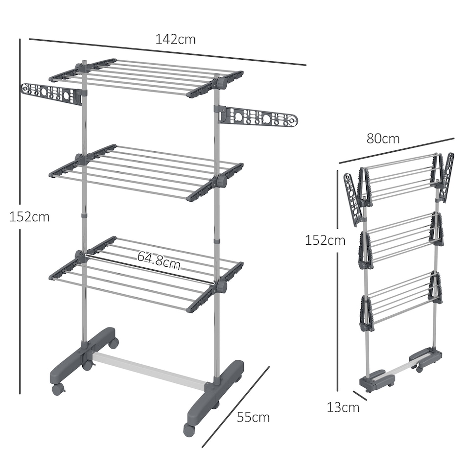 image 1 of HOMCOM 3-Tier Clothes Airer, Stainless Steel Foldable Clothes Drying Rack with Wheels and Wings, Indoor and Outdoor, Easy Assembly, 142 x 55 x 152cm, Grey