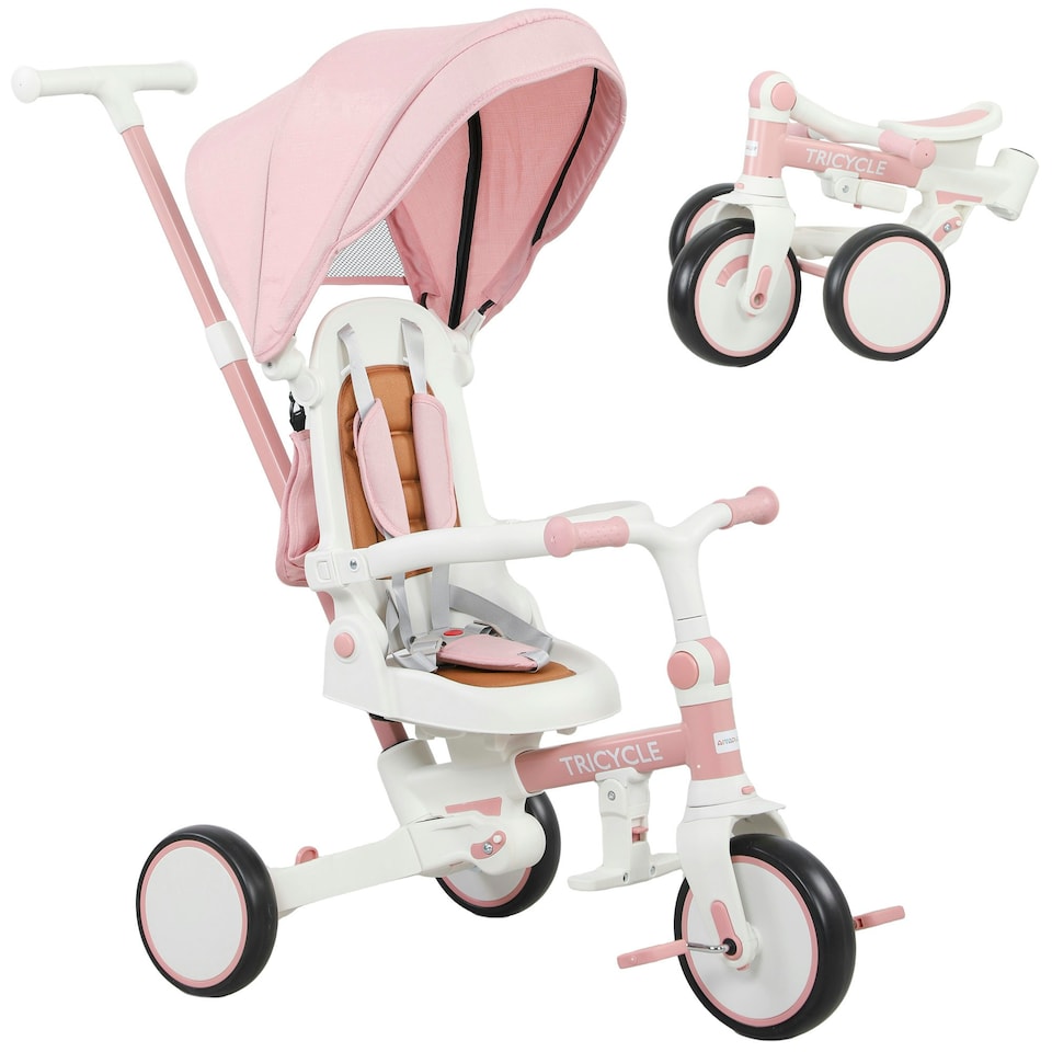 image 1 of AIYAPLAY 5 in 1 Foldable Kids Trike, Toddler Tricycle for 1-3 Years, Pink