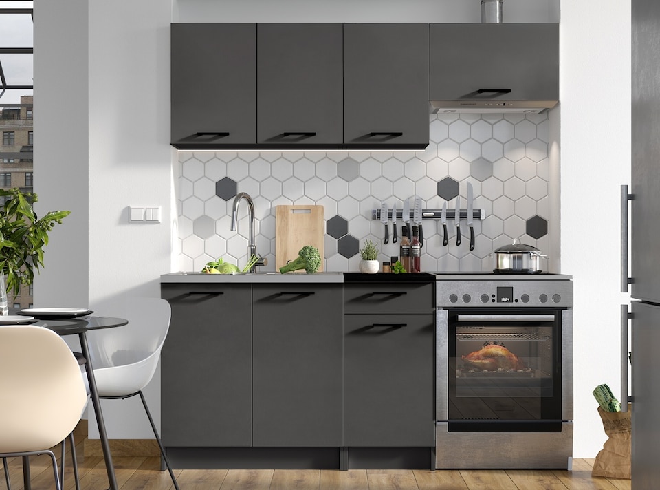 image 1 of Kitchen Cabinets 5 Unit with Sit On Sink Black Grey Complete Kitchenette 180cm DIY Set Fitted Kitchen Package with Worktop Lina