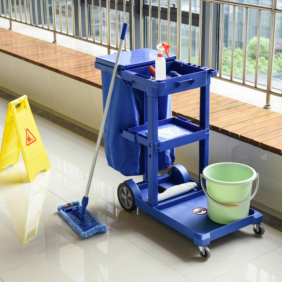 image 1 of HOMCOM Cleaning Carts On Wheels, Janitorial Trolley with 3 Tier Shelves, Housekeeping Utility Service Unit with Rubbish Bag and Mop Mount for Hotel, Office, Blue