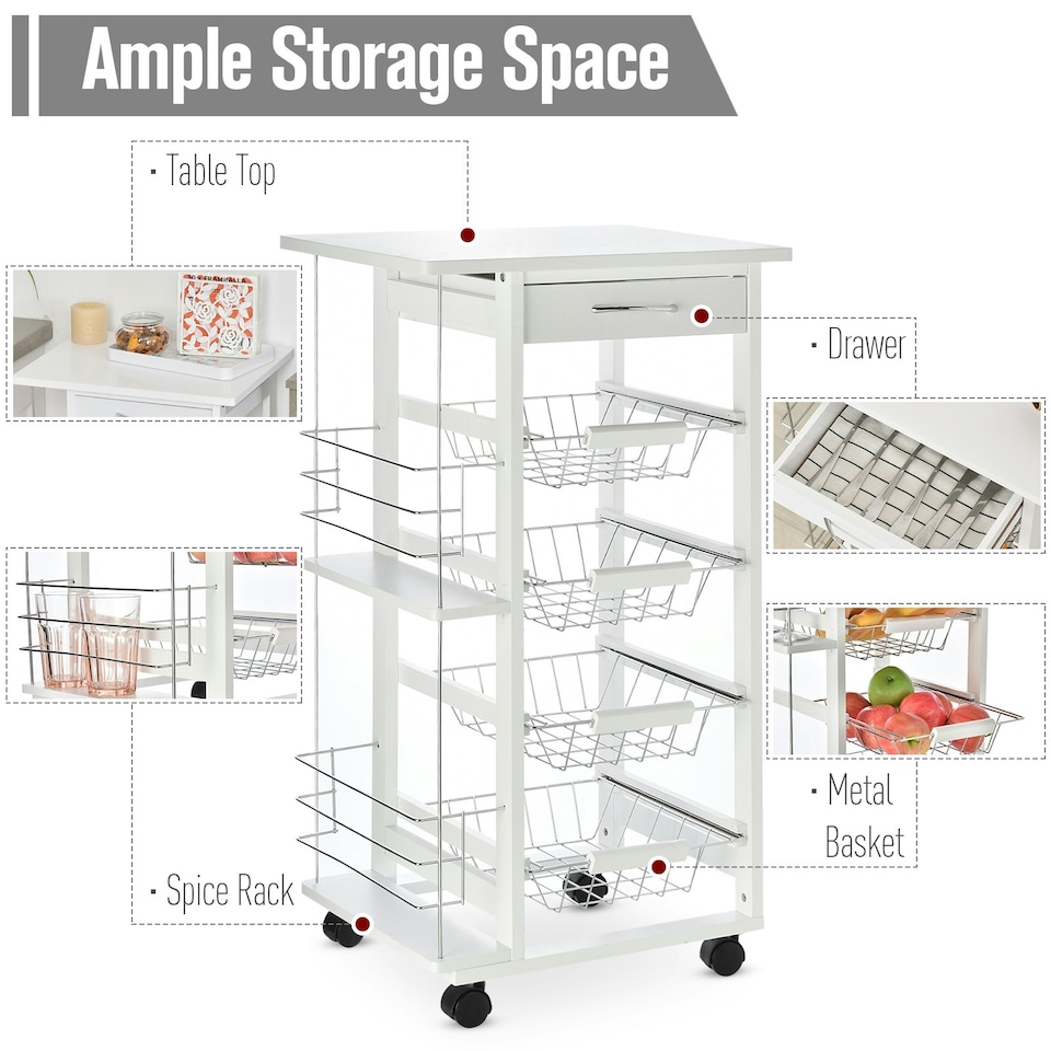 image 1 of HOMCOM Multi-Use Kitchen Island Trolley Baskets Side Racks Drawer Worktop White