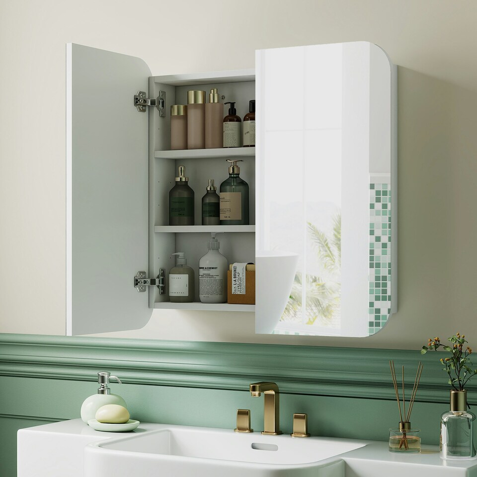 image 1 of HOMCOM Arched Bathroom Mirror Cabinet, Wall Mounted Mirrored Cabinet White