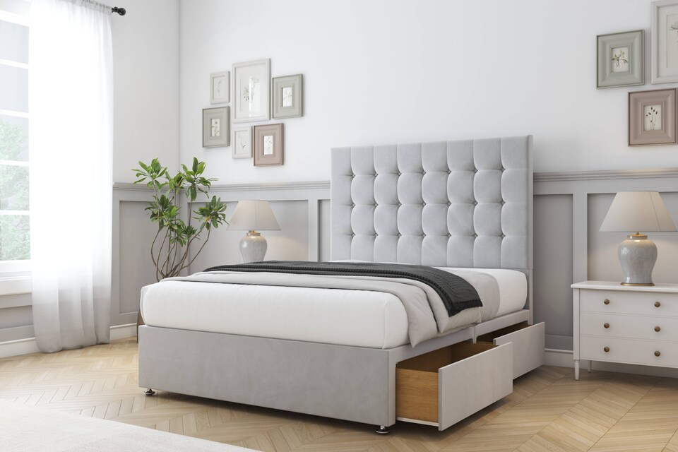 image 1 of Sloomy Alabama Silver Plush Divan Bed Base No Drawers With 54 Inch Floor Standing Headboard | Silver | Silver | Single | 1