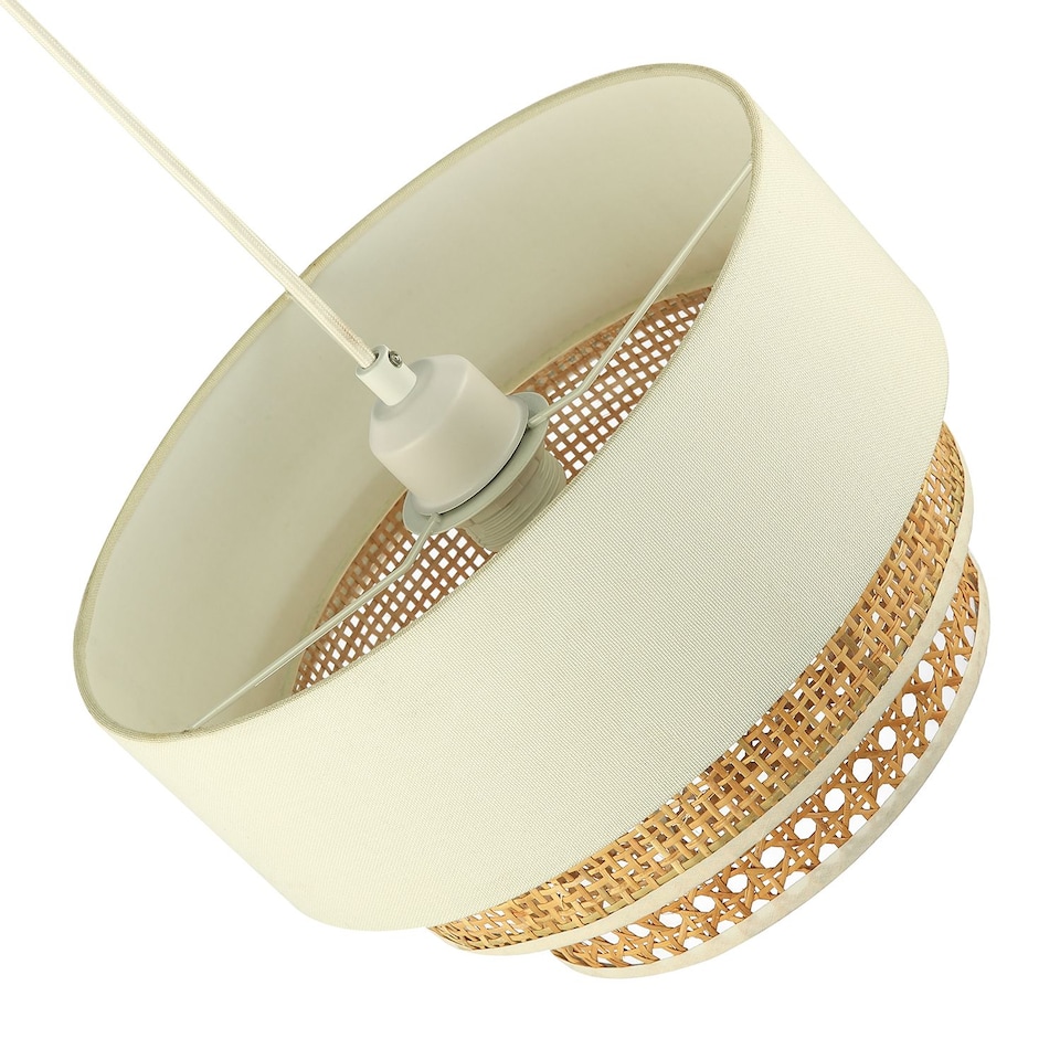 image 1 of Contemporary Triple Tier Cream Linen and Natural Rattan Pendant Shade | Brown | Brown | 1