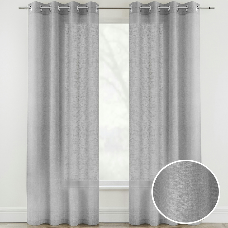 image 1 of Pair of Crete Silver Linen Look Voile Panels 137 cm (54 inch) Eyelet Panels for Bedroom and Living Room