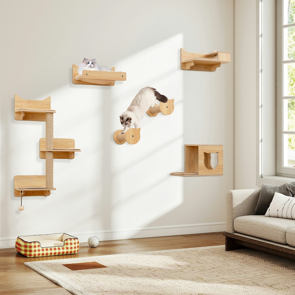 image 1 of COSTWAY 6Pcs Cat Wall Furniture Set Wall Mounted Shelves