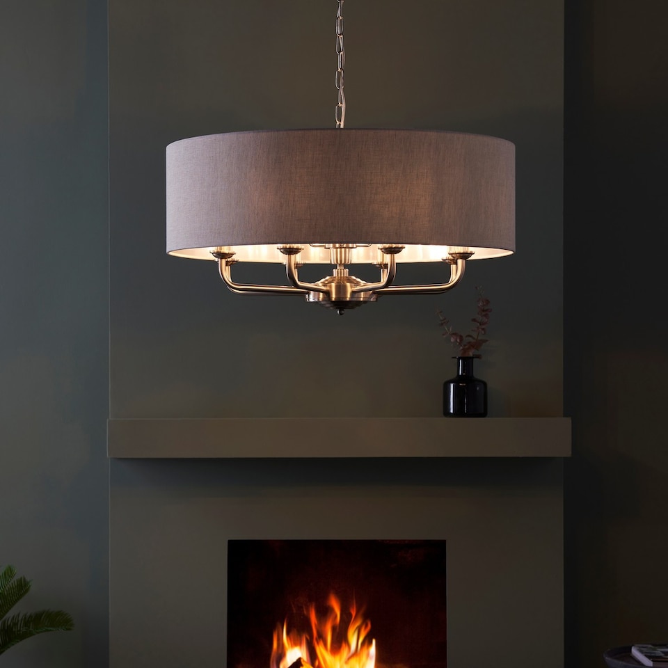 image 1 of Highclere Single Shade Pendant Ceiling Lamp, Brushed Chrome Plate, Natural Linen