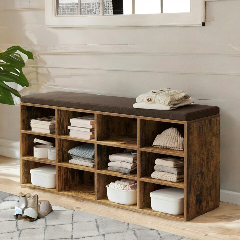image 1 of Wide Shoe Storage Bench With Cushioned Seat And Drawer Natural Brown | Brown | One Size