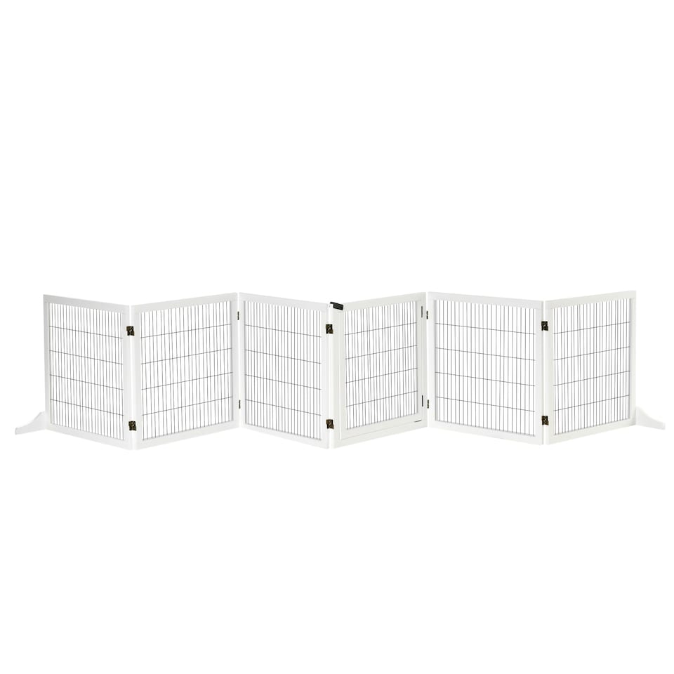 image 1 of PawHut Freestanding Pet Dog Gate 6 Panel Foldable Wooden Playpen