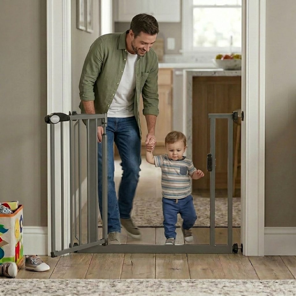 image 1 of Bettacare Auto Close Stair Gate, 147cm - 154cm, Slate Grey, Pressure Fit Safety Gate, Baby Gate, Safety Barrier for Doors Hallways and Spaces, Easy Installation