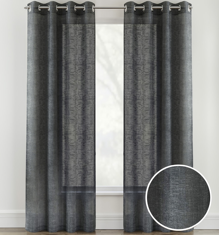 image 1 of Pair of Crete Charcoal Luxury Linen Look Sheer Panels with Eyelet Header 183 CM