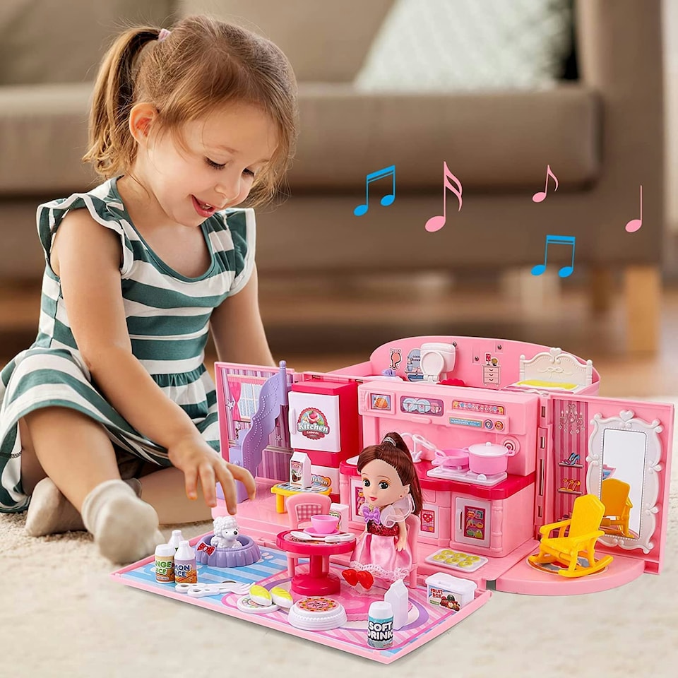 image 1 of Children’s 2 In 1 Pink Portable Hand Bag Style Carrycase Doll House Play Set with Light & Sound Functions