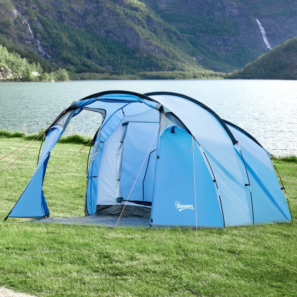image 1 of Outsunny 3 Man 2 Room Tent Camping Tent With Living Area Air Vents Blue