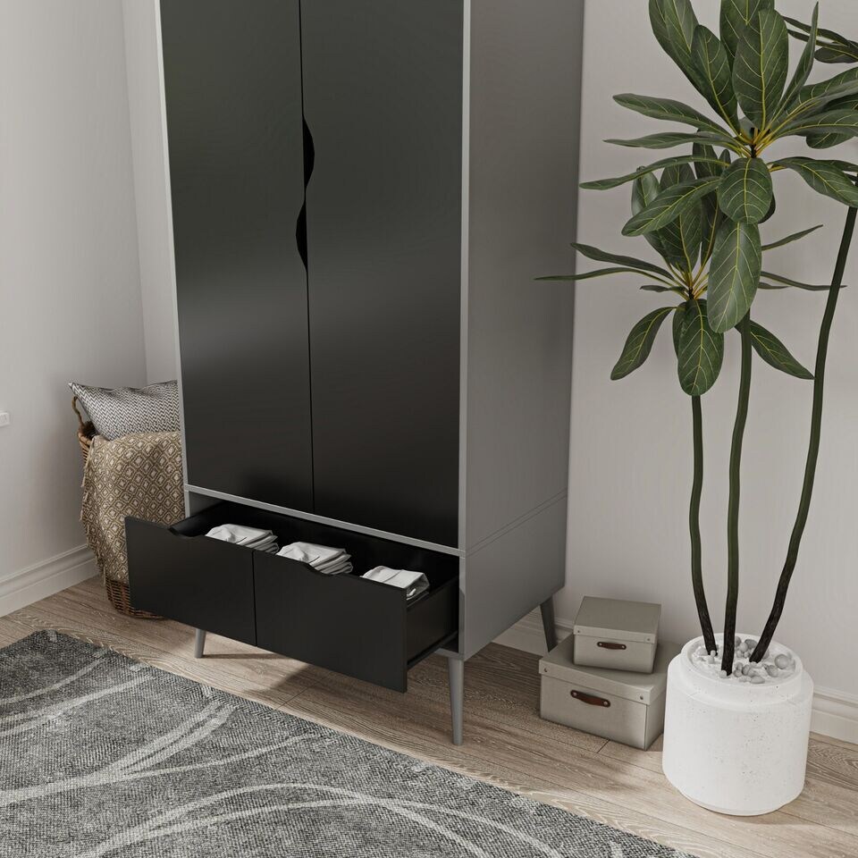 image 1 of Malmo 2 Door 2 Drawer Wardrobe with Scandi Legs Cupboard Hanging Rail 180cm | Multi | Grey Black | 1