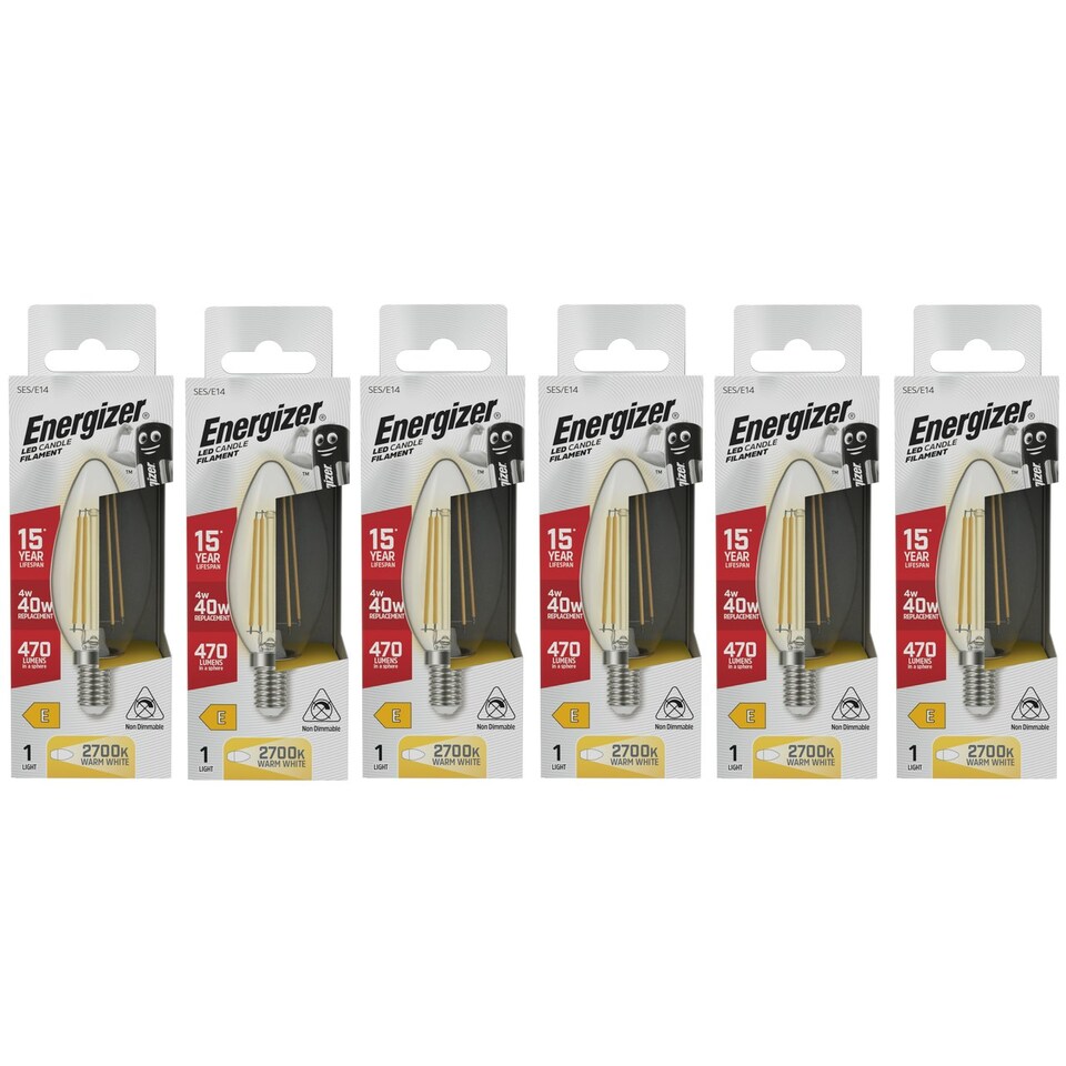 image 1 of Energizer LED Filament Candle E14 470lm 4W 2700K (Warm White) Light Bulb - Pack of 6