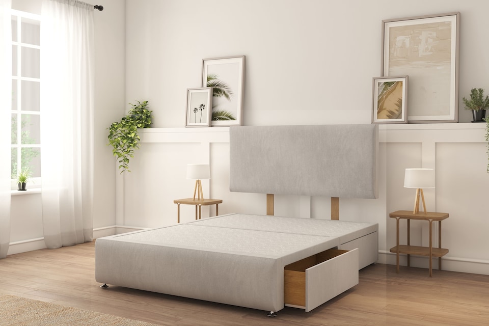 image 1 of Sloomy Rutherford Silver Naples Divan Bed With Mattress 2 Drawers Left 26" Strutted Headboard & 12" Footboard 4'6 Double