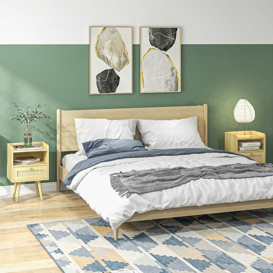 image 1 of Bedside Tables, Set of 2, Boho Side End Table w/ Drawer, Storage Compartment