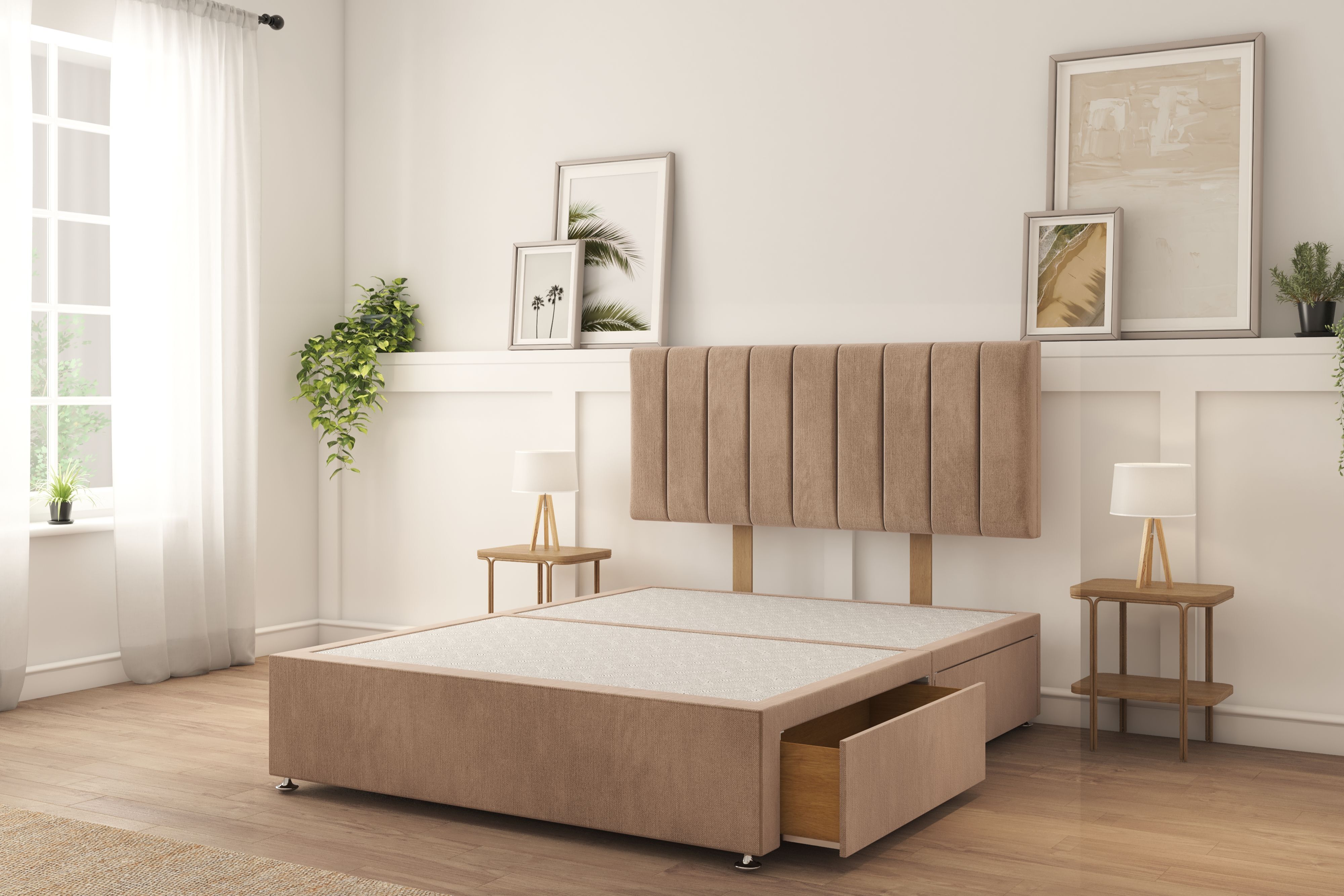 Sloomy Kansas Mink Naples Divan Bed Base 2 Drawers Same Side With 26" Strutted Headboard 4'6 Double