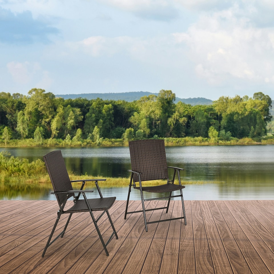 image 1 of Outsunny 2pcs Rattan Chair Foldable Garden Furniture w/ Armrest Brown