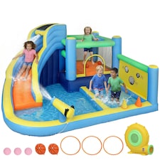 AIYAPLAY 8 in 1 Bouncy Castle for Kids, Inflatable Bounce House with Slide | Multi | Light blue base, orange slide, deep blue sides | 350 x 320 x 190 cm