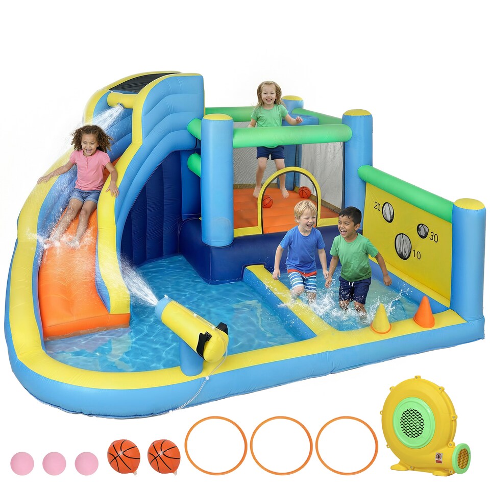 image 1 of AIYAPLAY 8 in 1 Bouncy Castle for Kids, Inflatable Bounce House with Slide | Multi | Light blue base, orange slide, deep blue sides | 350 x 320 x 190 cm