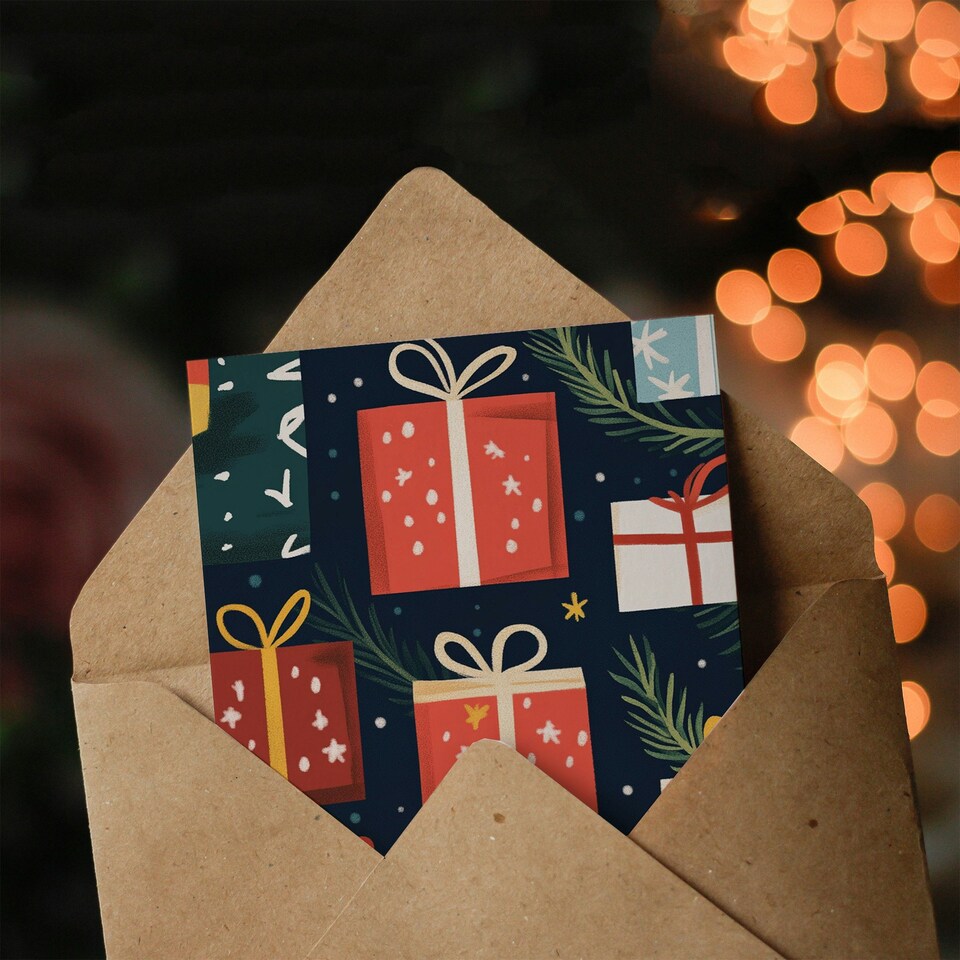 image 1 of Wrapped Gifts Present Pine Leaf Fun Xmas Art Blank Christmas Card