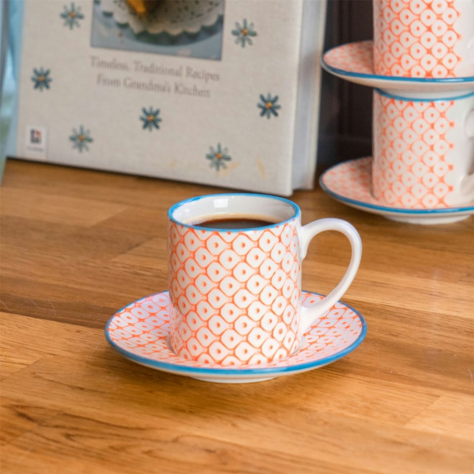 image 1 of Nicola Spring 12 Piece Hand-Printed Espresso Cup & Saucer Set - 65ml - Orange Orange