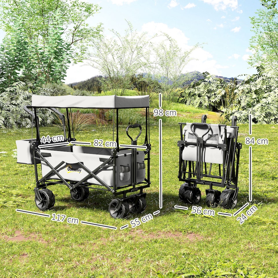 image 1 of Outsunny Outdoor Push Pull Wagon Stroller Cart w/ Canopy Top Grey