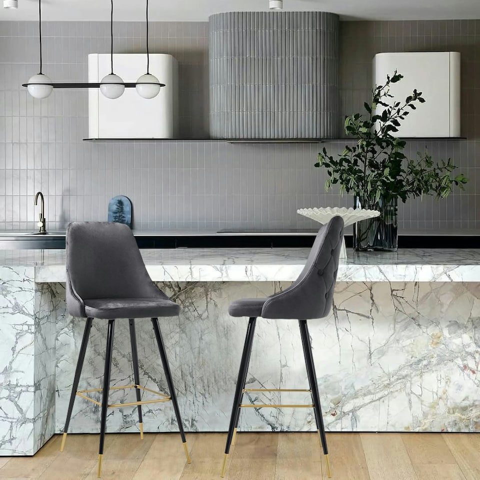 image 1 of Living and Home Set of 2 Modern Upholstered Velvet High Chairs Bar Stools