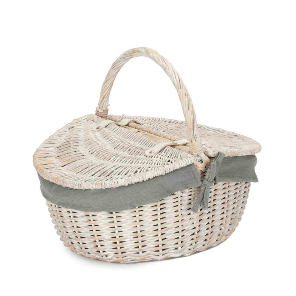 image 1 of White Wash Finish Oval Wicker Basket with Lining Blue | Blue and White Checked | One Size