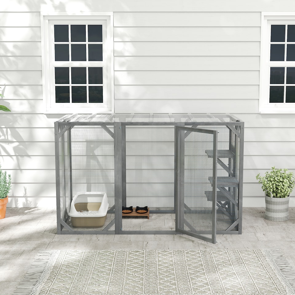 image 1 of PawHut 71 Wooden Cat House with 3 Platforms, Large Door for Multiple Cats