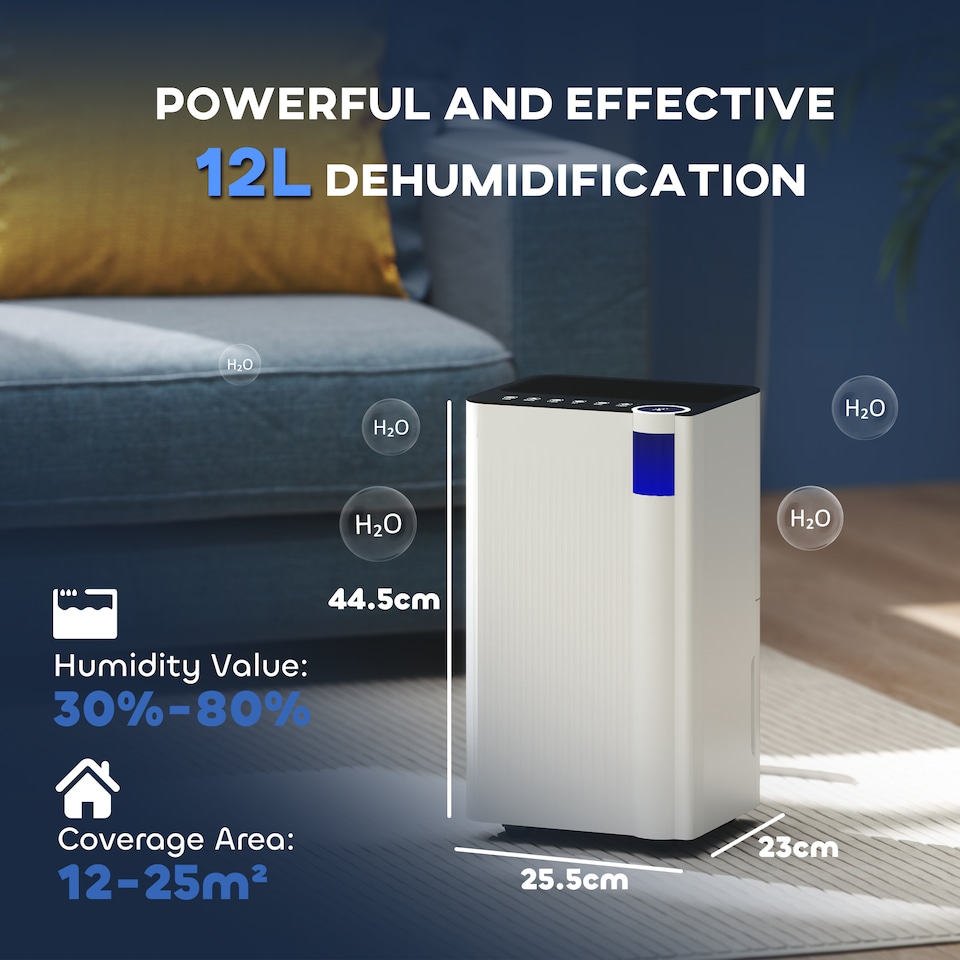 image 1 of HOMCOM 12LDay Dehumidifier with Low Noise Level, Continuous Drainage, 2L Water Tank, 24H Timer, LED Display, Filter, Auto Defrost, Children Lock, Dehumidifier for Home Damp, Laundry Drying, Basement