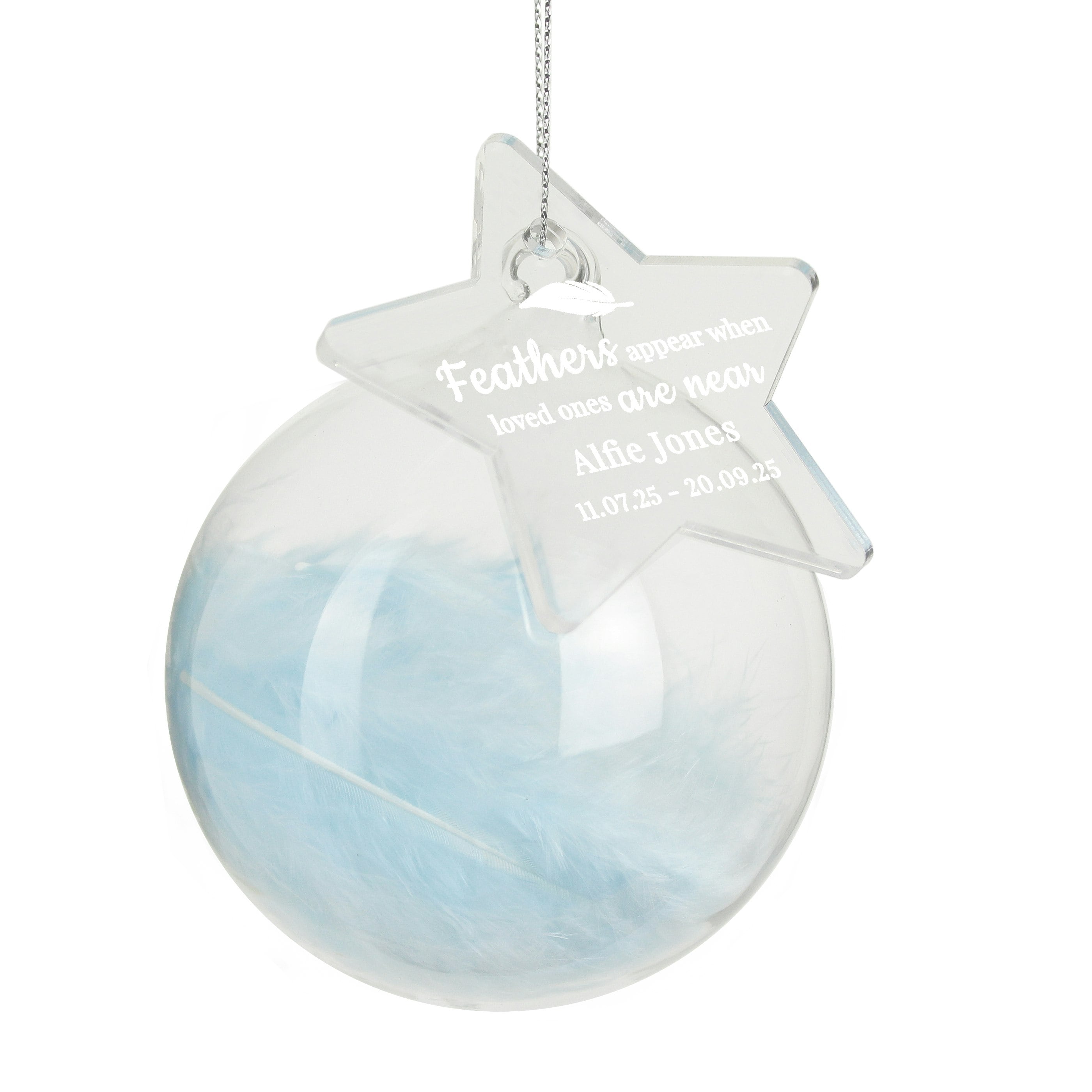 Personalised Memento Company Personalised Blue Memorial Feather Bauble in Clear